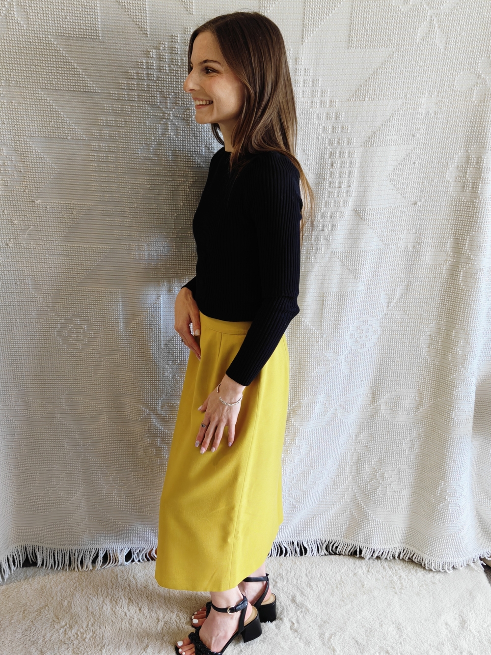 Vintage Planet | Yellow Midi Pencil Skirt Made In England | 90s Minimalist | XS